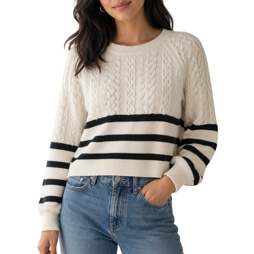 Express Striped Cable Knit Sweater Cream Black Cropped Size S Preppy Coastal